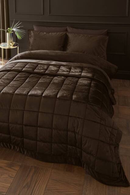 Catherine Lansfield 'Kingsley Matt Velvet' Quilted Bedspread in Chocolate - image 1