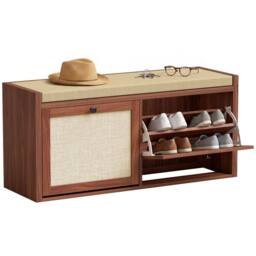 HOMCOM Rattan Shoe Bench with Padded Cushion & 2 Cabinets, Brown - thumbnail 1