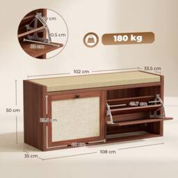 HOMCOM Rattan Shoe Bench with Padded Cushion & 2 Cabinets, Brown - thumbnail 3