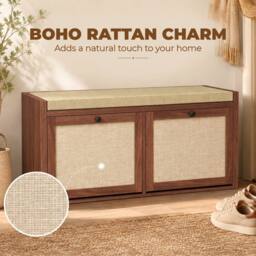 HOMCOM Rattan Shoe Bench with Padded Cushion & 2 Cabinets, Brown - thumbnail 4