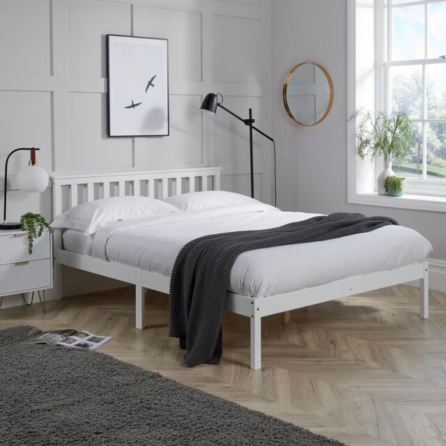 Home Source Pine Solid Wood Bed Frame Low End Slatted Base Headboard in White - Size: Double - image 1