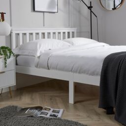 Home Source Pine Solid Wood Bed Frame Low End Slatted Base Headboard in White - Size: Double - thumbnail 3