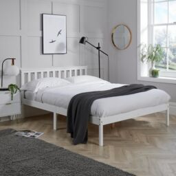 Home Source Pine Solid Wood Bed Frame Low End Slatted Base Headboard in White - Size: Double