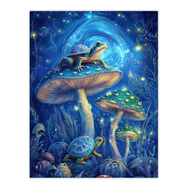 "Artery8 Turtle Frogs Magic Mushrooms Psychedelic Fantasy Wall Art Print in Blue - Size: W18"" x H24""" - image 1