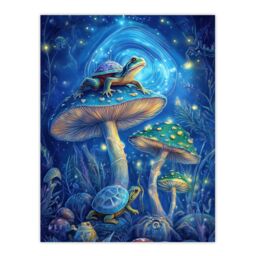 "Artery8 Turtle Frogs Magic Mushrooms Psychedelic Fantasy Wall Art Print in Blue - Size: W18"" x H24""" - thumbnail 1