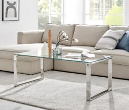 FurnitureboxUK Miami Modern Rectangular Clear Glass Coffee Table with Square Silver Chrome Metal Legs for Minimalist Living Room