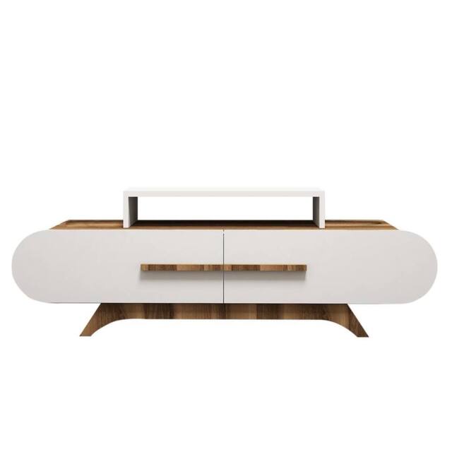 CALICOSY TV Stand With 2 Doors, 145 Cm Wide - Walnut/White in Light Brown - image 1