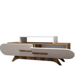 CALICOSY TV Stand With 2 Doors, 145 Cm Wide - Walnut/White in Light Brown - thumbnail 3