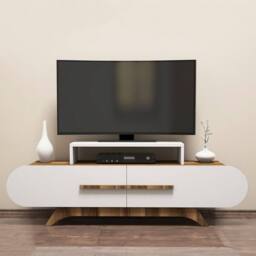 CALICOSY TV Stand With 2 Doors, 145 Cm Wide - Walnut/White in Light Brown - thumbnail 2