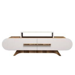 CALICOSY TV Stand With 2 Doors, 145 Cm Wide - Walnut/White in Light Brown - thumbnail 1