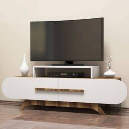 CALICOSY TV Stand With 2 Doors, 145 Cm Wide - Walnut/White in Light Brown - thumbnail 4