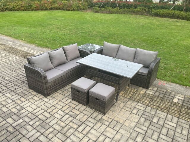 Fimous Rattan Garden Furniture Set with Oblong Dining Table 2 Small Footstools Side Table 6 Pieces Outdoor Sofa Set Dark Grey Mixed - image 1