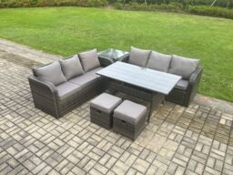 Fimous Rattan Garden Furniture Set with Oblong Dining Table 2 Small Footstools Side Table 6 Pieces Outdoor Sofa Set Dark Grey Mixed - thumbnail 2