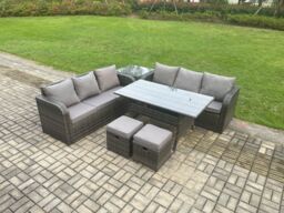 Fimous Rattan Garden Furniture Set with Oblong Dining Table 2 Small Footstools Side Table 6 Pieces Outdoor Sofa Set Dark Grey Mixed - thumbnail 1
