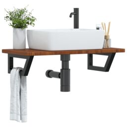 Berkfield Home Basin Shelf Wall Mounted Steel & Solid Wood Oak in Brown - thumbnail 1