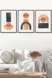 ARTZE Set of 3 Black Framed Mid Century Graphical Shapes in Black & Yellow Wall Art - Size: W33 cm x H45 cm x D20mm