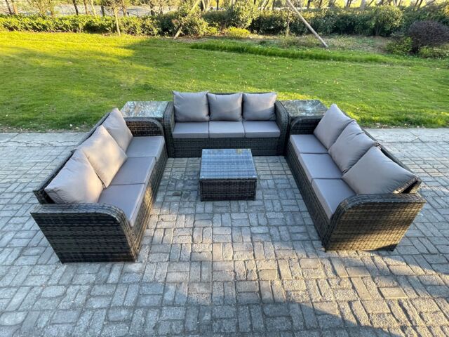 Fimous Rattan Outdoor Furniture Set Patio Garden Sofa Set with 2 Side Table Square Coffee Table Dark Grey Mixed - image 1