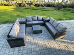 Fimous Rattan Outdoor Furniture Set Patio Garden Sofa Set with 2 Side Table Square Coffee Table Dark Grey Mixed - thumbnail 2
