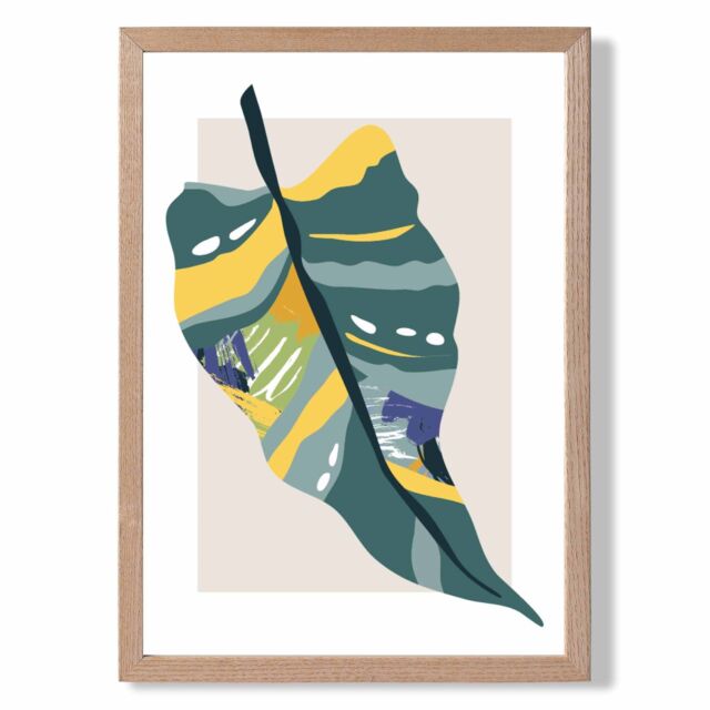 ARTZE Tropical Palm Teal & Green Mid Century Modern Framed Print SIZE: A4 with Oak Frame - Size: A3 - image 1