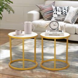Pirlo Plush 2PC Faux Marble Round Bedside Table Bedroom Furniture in Gold - thumbnail 1