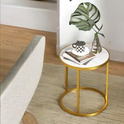 Pirlo Plush 2PC Faux Marble Round Bedside Table Bedroom Furniture in Gold - thumbnail 3