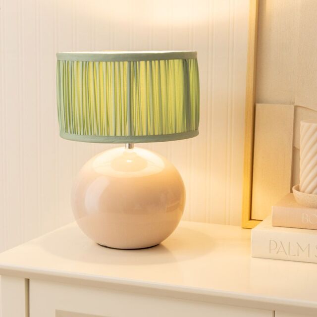 ValueLights Bosco Stone Ceramic Table Lamp with Ruched Pleated Lamp Shade & LED Bulb in Pale Green - image 1
