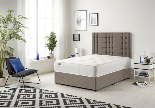Somnior Bliss Divan Bed with Sprung Memory Foam Mattress & Headboard Tweed Fabric in Brown - Size: Single - image 1