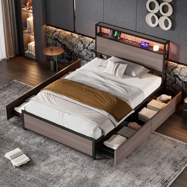 Matteo Metal Bed, 3FT Single Bed With LED Light Strip & 4 Drawerss in Black - Size: Single Fitted - image 1
