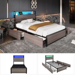 Matteo Metal Bed, 3FT Single Bed With LED Light Strip & 4 Drawerss in Black - Size: Single Fitted - thumbnail 5