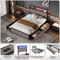 Matteo Metal Bed, 3FT Single Bed With LED Light Strip & 4 Drawerss in Black - Size: Single Fitted - thumbnail 6