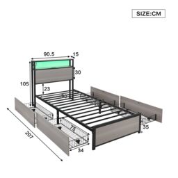 Matteo Metal Bed, 3FT Single Bed With LED Light Strip & 4 Drawerss in Black - Size: Single Fitted - thumbnail 9