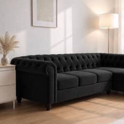 Sofaya Hampton 4 Seater L Shape Chesterfield Sofa Velvet Right Hand Chaise in Black - Size: 4 Person - thumbnail 3