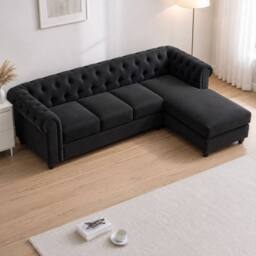 Sofaya Hampton 4 Seater L Shape Chesterfield Sofa Velvet Right Hand Chaise in Black - Size: 4 Person - thumbnail 2