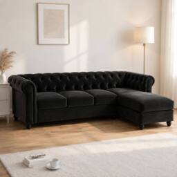 Sofaya Hampton 4 Seater L Shape Chesterfield Sofa Velvet Right Hand Chaise in Black - Size: 4 Person - thumbnail 1