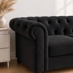 Sofaya Hampton 4 Seater L Shape Chesterfield Sofa Velvet Right Hand Chaise in Black - Size: 4 Person - thumbnail 4