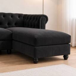 Sofaya Hampton 4 Seater L Shape Chesterfield Sofa Velvet Right Hand Chaise in Black - Size: 4 Person - thumbnail 6