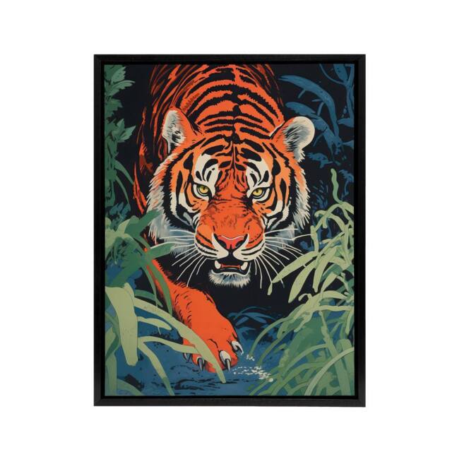 "Artery8 Jungle Tiger Prowling Stalking Animal Framed Canvas Wall Art Print in Orange - Size: W24"" x H32""" - image 1