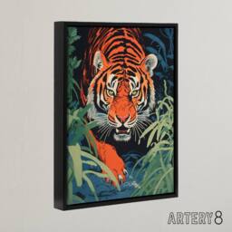 "Artery8 Jungle Tiger Prowling Stalking Animal Framed Canvas Wall Art Print in Orange - Size: W24"" x H32""" - thumbnail 2