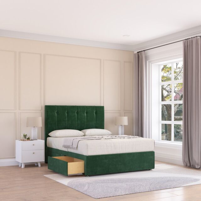 Sloomy Highbury Plush Velvet Memory Foam Bed Set With 2 Drawers, Mattress & Headboard in Emerald - Size: Small Single - image 1