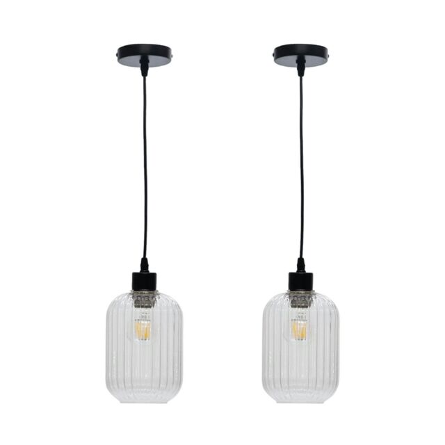 First Choice Lighting Set of 2 Batley - Clear Ribbed Glass with Black Pendant Fittings - image 1