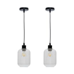 First Choice Lighting Set of 2 Batley - Clear Ribbed Glass with Black Pendant Fittings - thumbnail 1