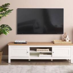 Wyld and Coco TV Stand 140 cm - White and Light Brown MDF with Cable Hole