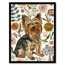 Artery8 Yorkshire Terrier Dog Lover Boho Floral Pattern Framed Wall Art in Brown - Size: A4 - thumbnail 1