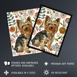 Artery8 Yorkshire Terrier Dog Lover Boho Floral Pattern Framed Wall Art in Brown - Size: A4 - thumbnail 2