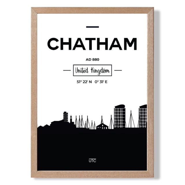 ARTZE Chatham Black & White City Skyline Framed Print SIZE: A3 with Oak Frame - Size: A4 - image 1