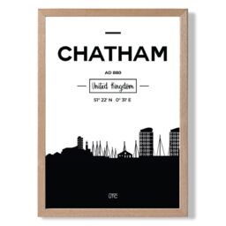 ARTZE Chatham Black & White City Skyline Framed Print SIZE: A3 with Oak Frame - Size: A4 - thumbnail 1