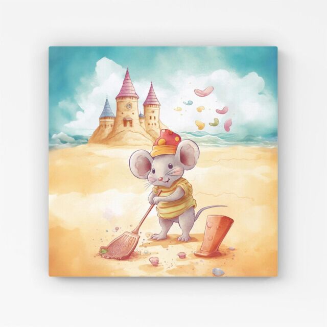 "Warren Reed - Designer Mouse On A Beach Holiday Canvas in Yellow - Size: W30"" x H30""" - image 1