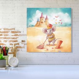 "Warren Reed - Designer Mouse On A Beach Holiday Canvas in Yellow - Size: W30"" x H30""" - thumbnail 2