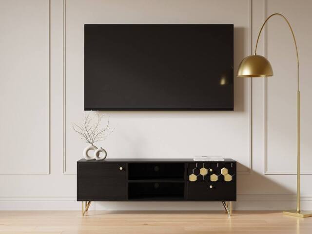 Vente-unique TV Stand With 1 Door, 2 Drawers, & 2 Shelves In Mango Wood & Metal in Black - image 1
