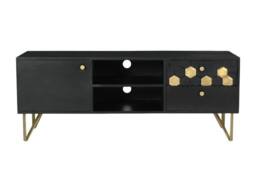 Vente-unique TV Stand With 1 Door, 2 Drawers, & 2 Shelves In Mango Wood & Metal in Black - thumbnail 2